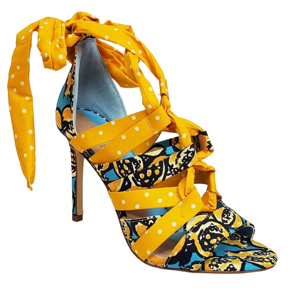 Gianni Bini Yellow Patterned Wrap-Heel Sandals - Picture 7 of 13